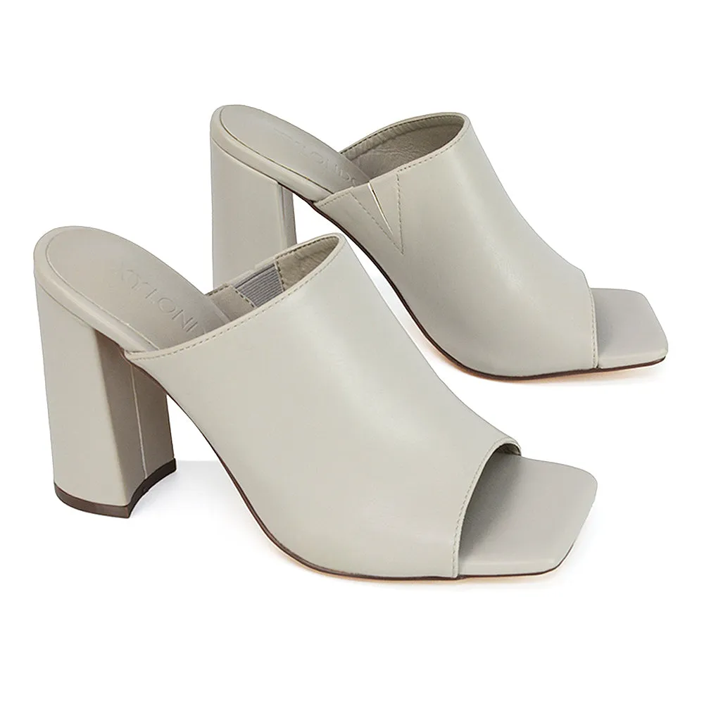 Sunday Square Toe Block High Heel Mule Peep Toe Sandals in Nude Synthetic Leather