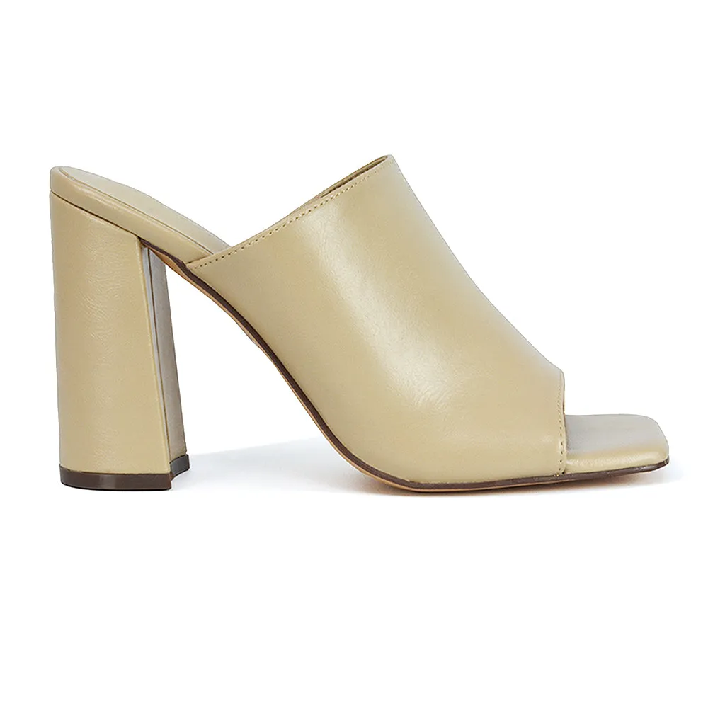 Sunday Square Toe Block High Heel Mule Peep Toe Sandals in Nude Synthetic Leather