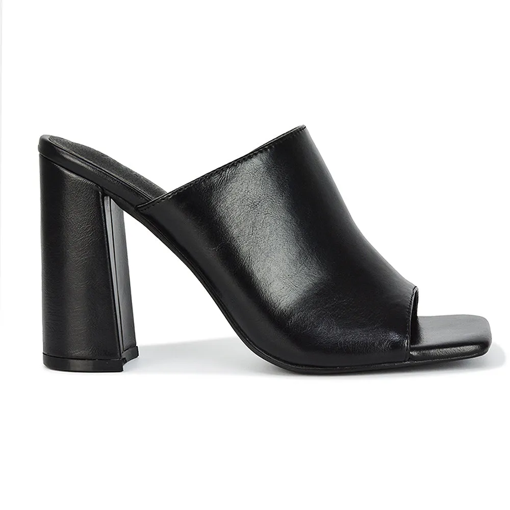 Sunday Square Toe Block High Heel Mule Peep Toe Sandals in Nude Synthetic Leather