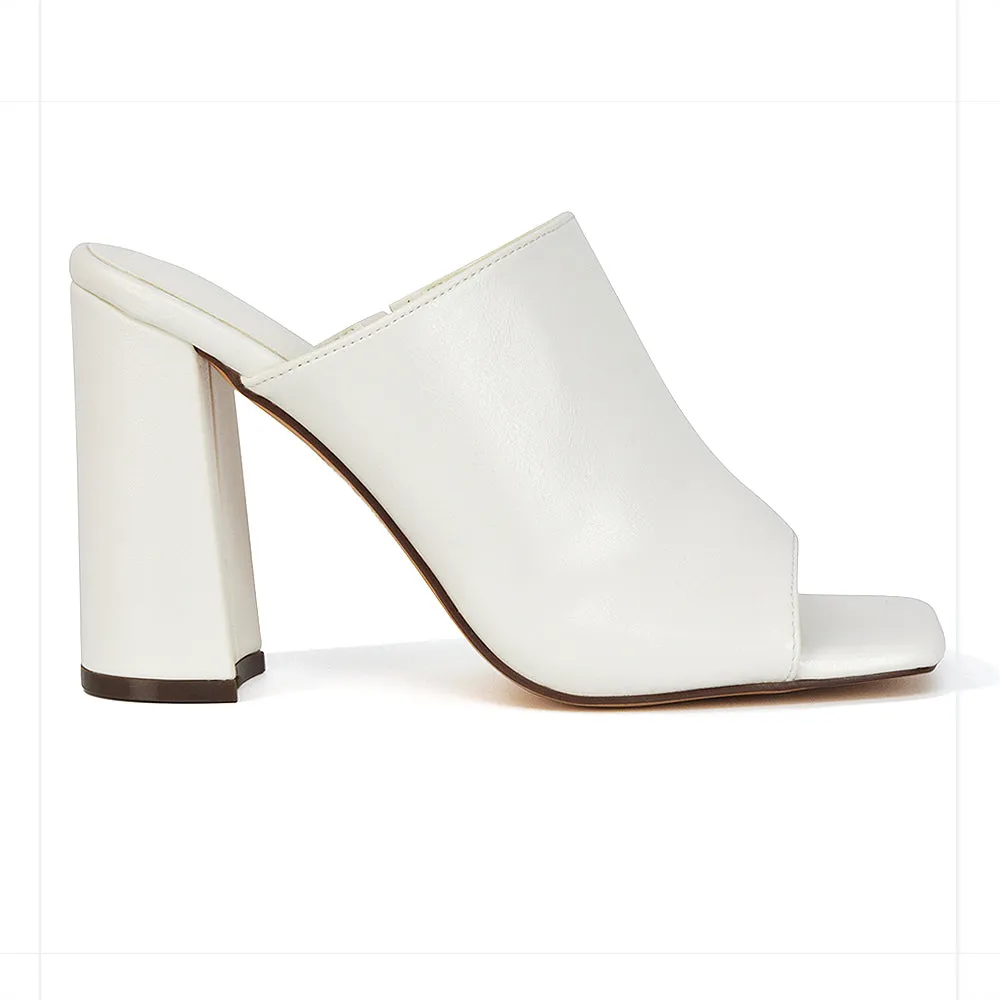 Sunday Square Toe Block High Heel Mule Peep Toe Sandals in Nude Synthetic Leather