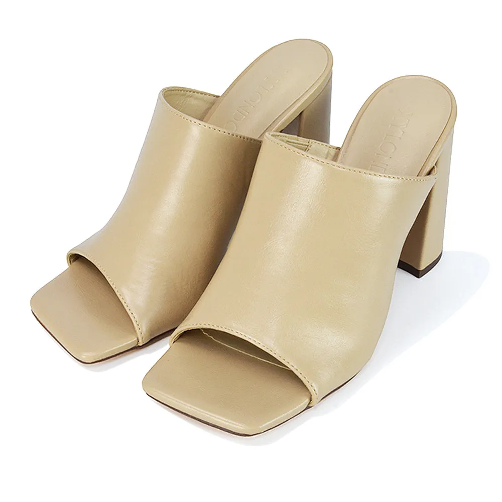 Sunday Square Toe Block High Heel Mule Peep Toe Sandals in Nude Synthetic Leather