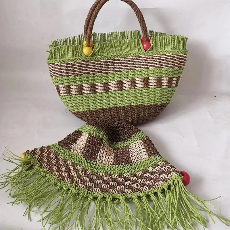 TAVIMART  -  Fashion Striped Tassel Straw Women Hanbbags Designer Paper Woven Basket Bag Handmade Summer Beach Tote Bags Bali Purses