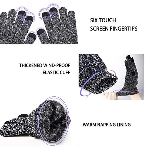 TRENDOUX Winter Gloves, Knit Touch Screen Glove Men Women Texting Smartphone Driving - Anti-Slip - Elastic Cuff - Thermal Soft Wool Lining - Hands Warm in Cold Weather - Black White - M