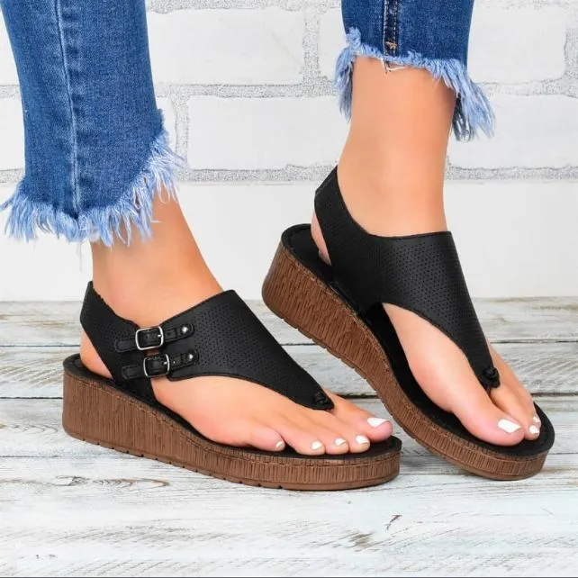 Women buckle strap slingback 
low heel wede sandals