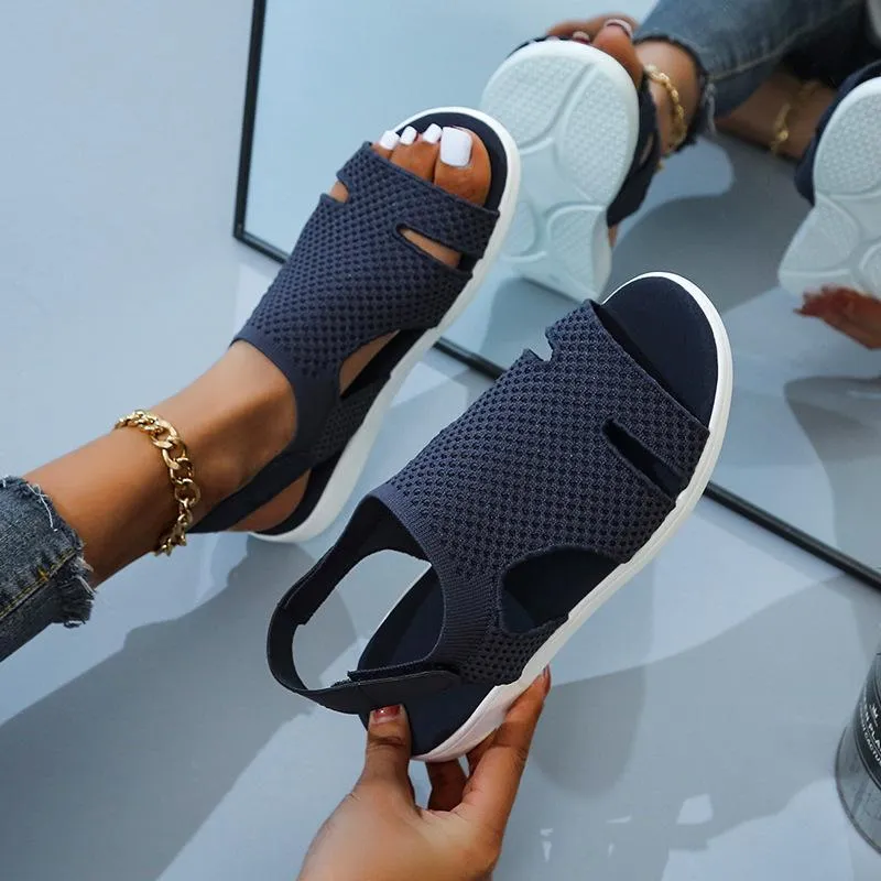 Women summer ankle strap magic tape slip on flat sandals