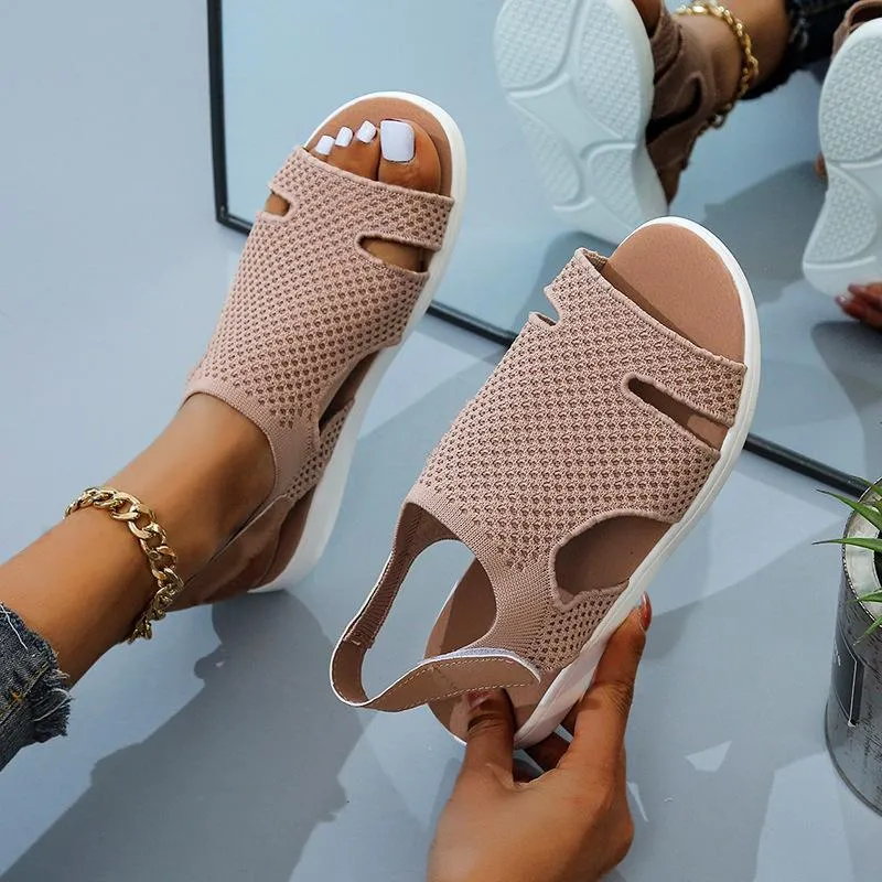 Women summer ankle strap magic tape slip on flat sandals