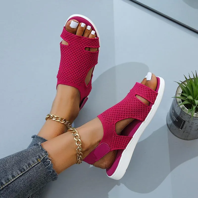 Women summer ankle strap magic tape slip on flat sandals