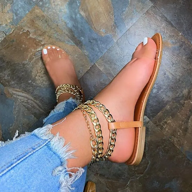 Women's peep metal chain ankle strap sandals