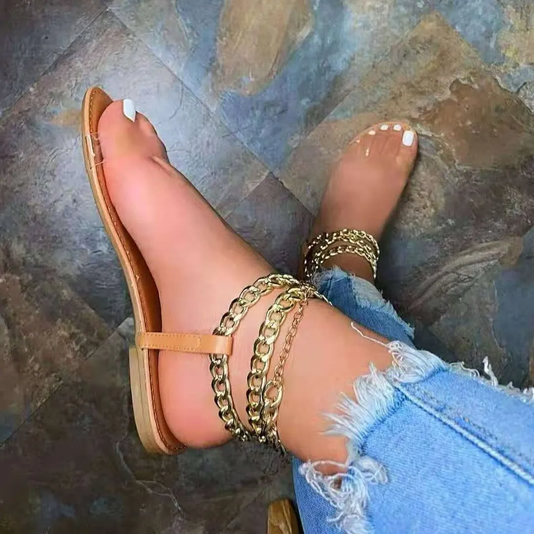Women's peep metal chain ankle strap sandals