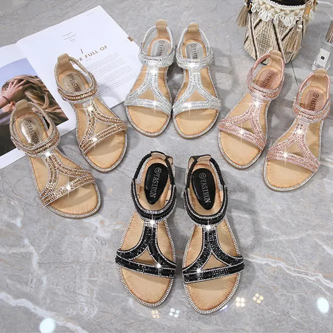 Women's rhinestone glitter flat dress sandals eleastic slingback sandals