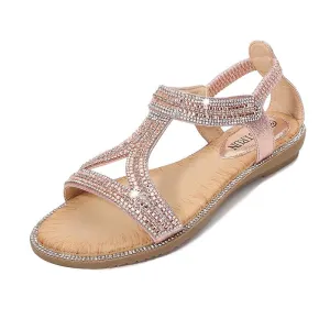 Women's rhinestone glitter flat dress sandals eleastic slingback sandals