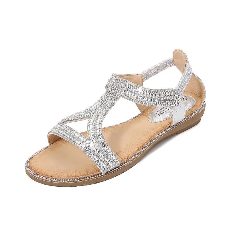 Women's rhinestone glitter flat dress sandals eleastic slingback sandals
