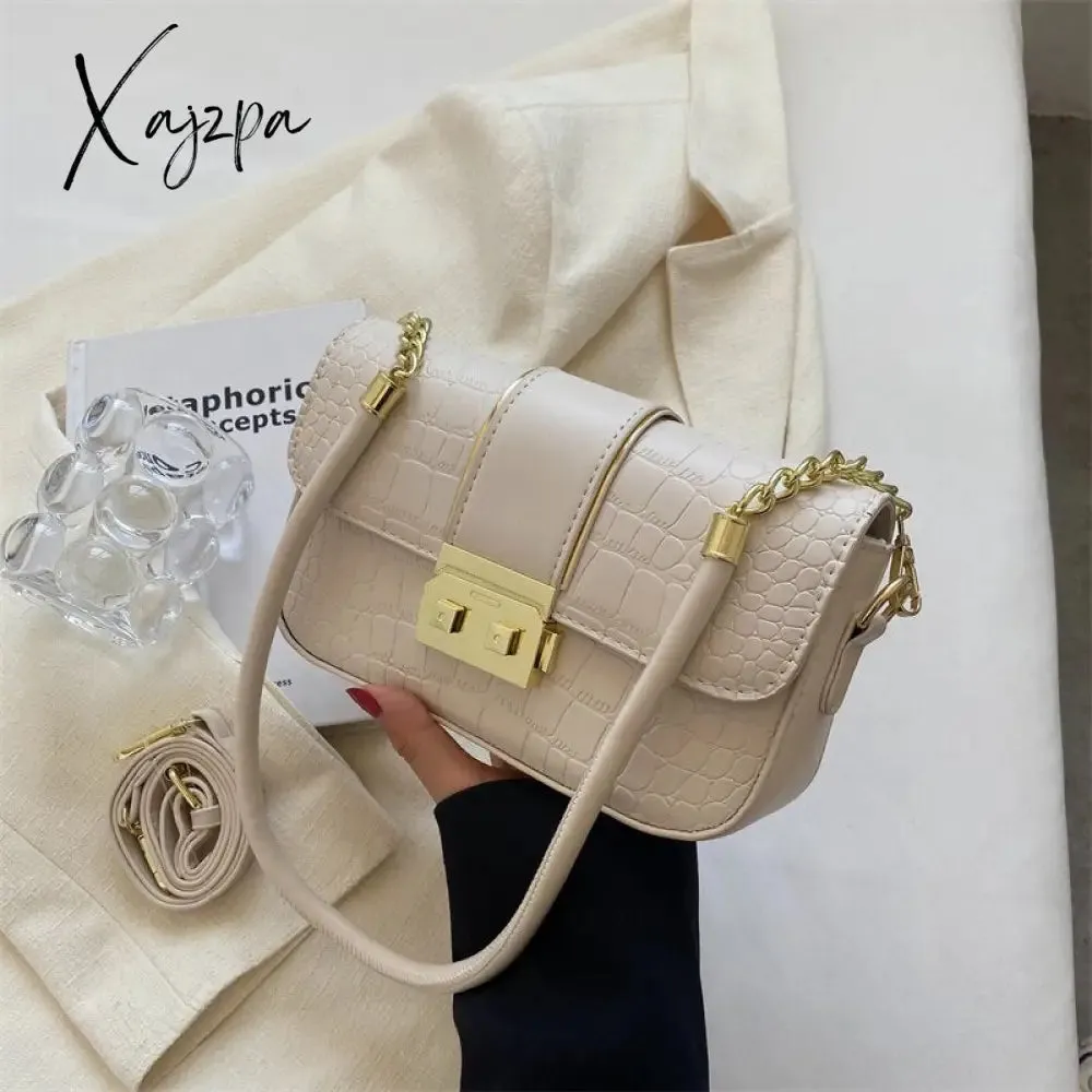 Xajzpa - New Fashion Stone Leather Chain Lock Shoulder bags Women Crossbody bags Vintage Ladies Shoulder Messenger Bag Female Purses