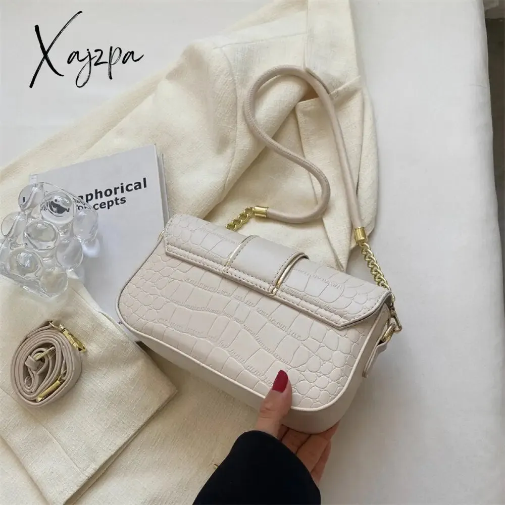 Xajzpa - New Fashion Stone Leather Chain Lock Shoulder bags Women Crossbody bags Vintage Ladies Shoulder Messenger Bag Female Purses