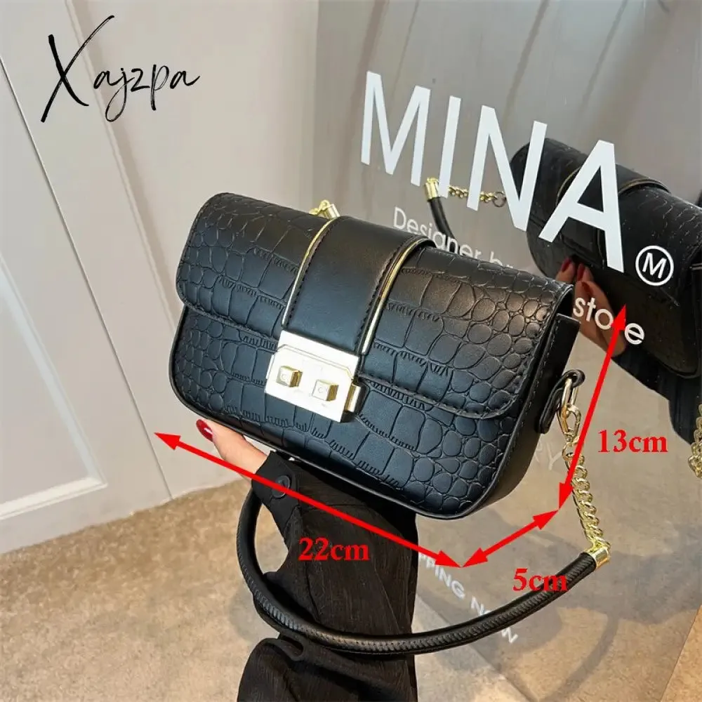 Xajzpa - New Fashion Stone Leather Chain Lock Shoulder bags Women Crossbody bags Vintage Ladies Shoulder Messenger Bag Female Purses