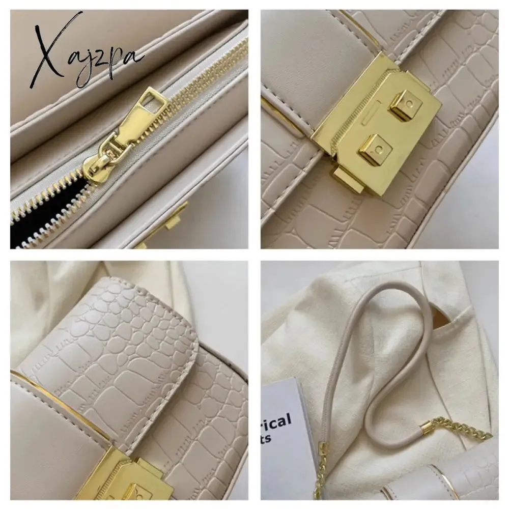 Xajzpa - New Fashion Stone Leather Chain Lock Shoulder bags Women Crossbody bags Vintage Ladies Shoulder Messenger Bag Female Purses