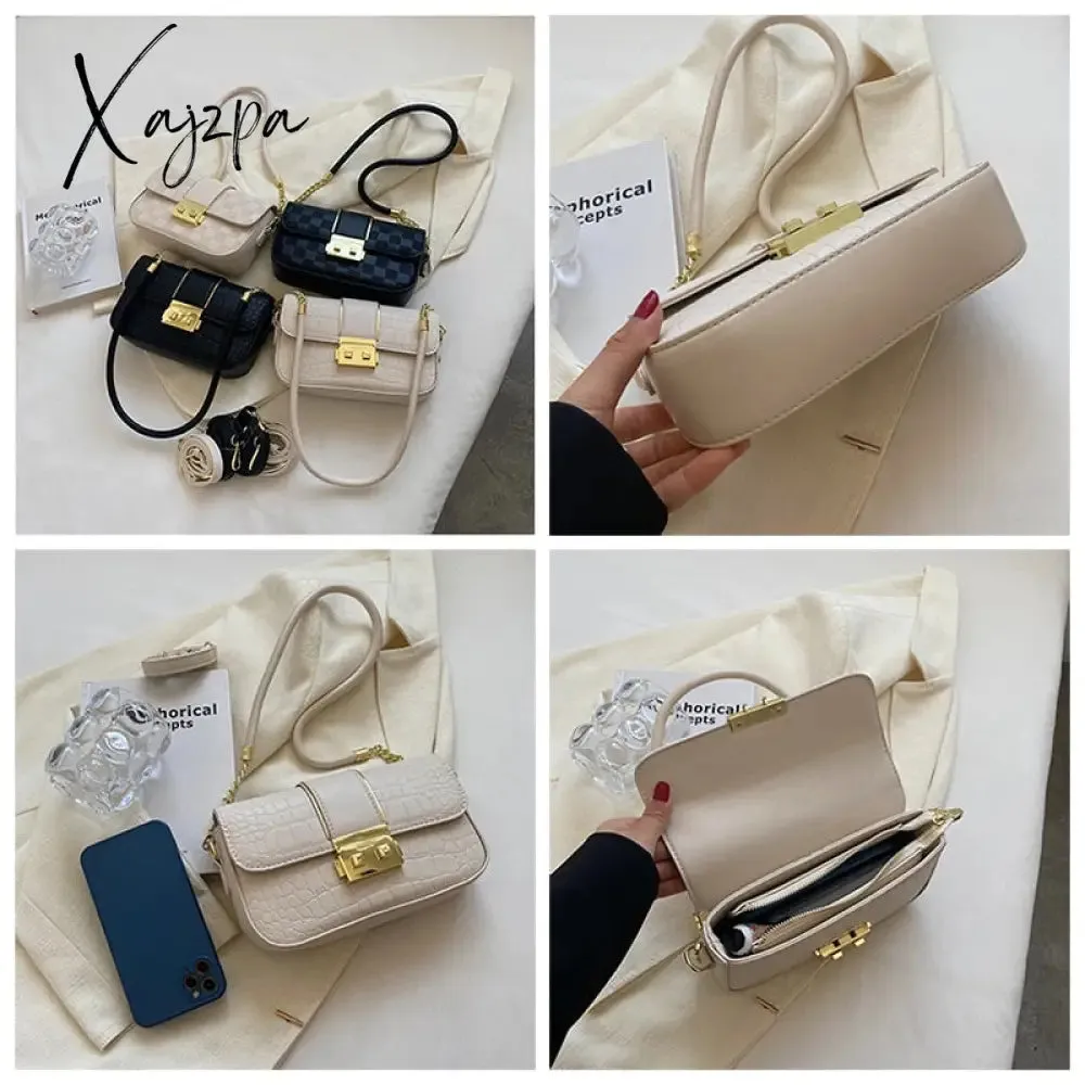 Xajzpa - New Fashion Stone Leather Chain Lock Shoulder bags Women Crossbody bags Vintage Ladies Shoulder Messenger Bag Female Purses