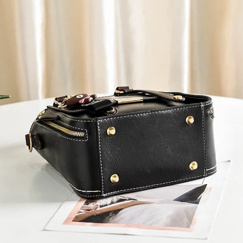 Ybyt Vintage Hard PU Leather Front Flap Designer Handbag Zipper Decorative Bucket Bag